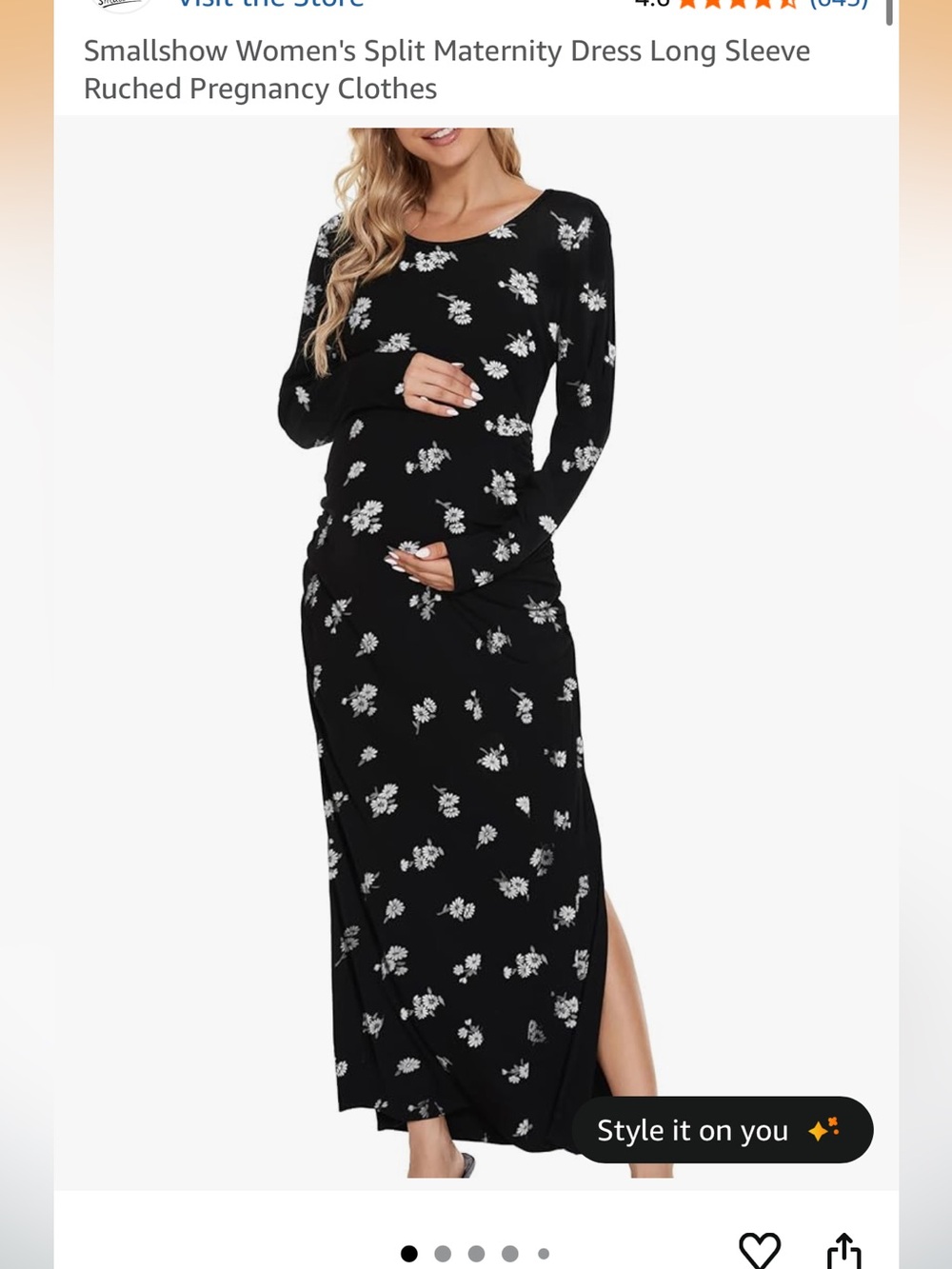 Smallshow Black Floral Long Sleeve Maternity Dress Size large slit ruched